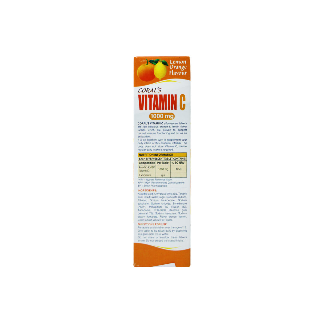 Coral Vitamin C 1000mg Efferevescent Tablets 20 Tablets, Lemon Orange Flavour