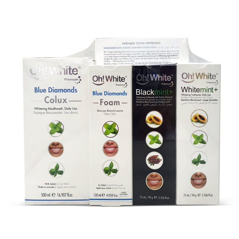 Oh! White Combo Pack Of 5 (Whitening Mouthwash Colux, Foam, Blackmint+, Whitemint+, Intensive Tooth Whitening)