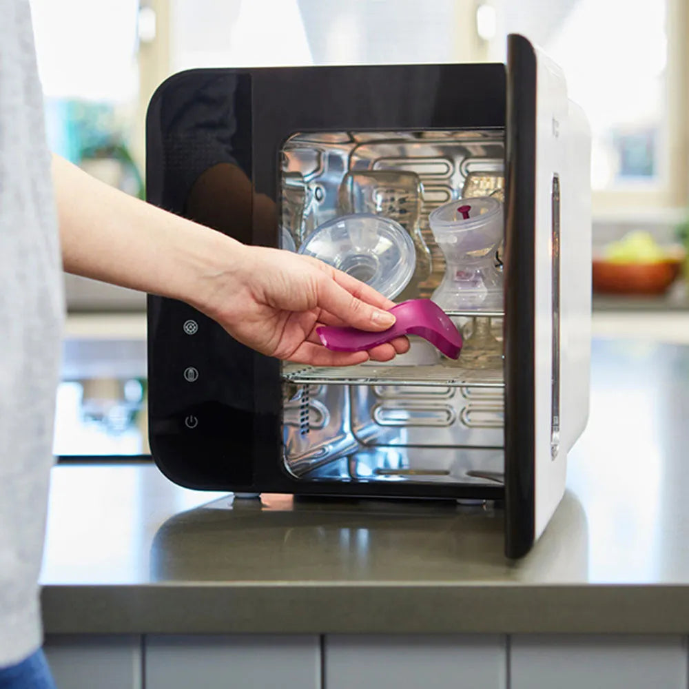 Here are my current favorite @tommeetippeeme products that I love. , First up is the Tommee Tippee UV 3-in-1 Steriliser and Dryer for Baby Bottles and Accessories. , It uses a UV lamp to kill 99.9% of