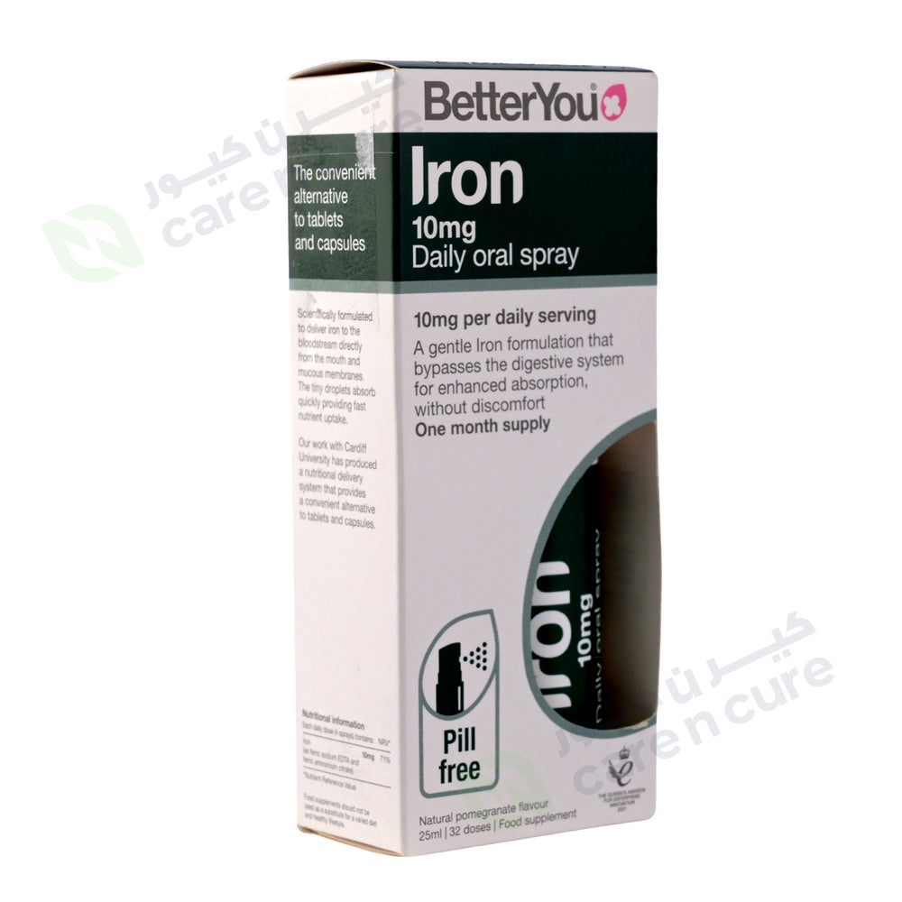 Box of BetterYou Iron 10mg Daily Oral Spray on a white background