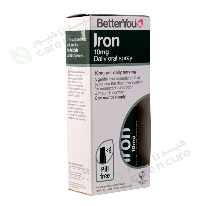 Box of BetterYou Iron 10mg Daily Oral Spray on a white background