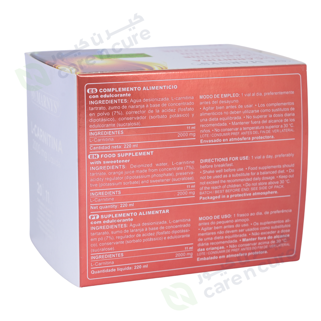Buy Marnys Carnitine 2000 mg 11 ml Vial 20S Online at Best prices in Qatar | CarenCure pharmacy Buy Marnys Carnitine 2000 mg 11 ml Vial 20S Online at Best prices in Qatar | CarenCure pharmacy