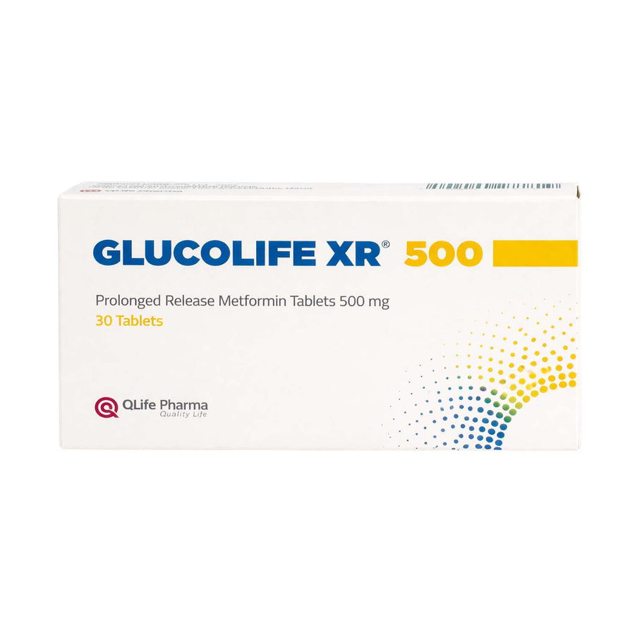 Box of Glucolife XR 500 tablets with Qlife Pharma logo on a white background