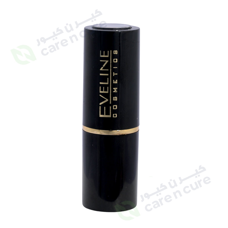 Black lipstick with gold accent and 'Eveline Cosmetics' branding on a white background