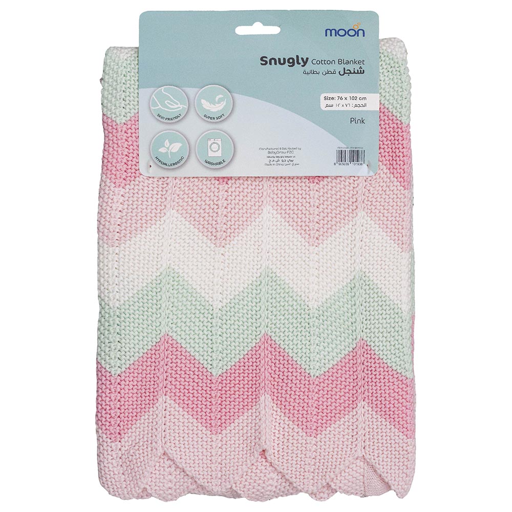 Moon - Snugly 100% Cotton Knitted Baby Blanket (Pink)