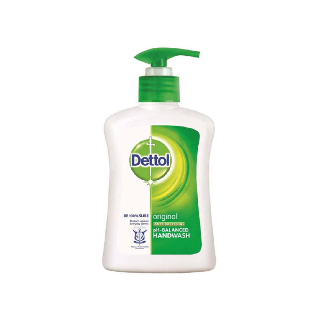 Dettol handwash bottle with green pump on a white background