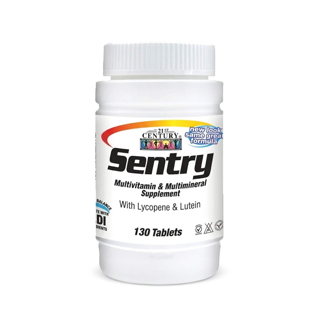 White supplement bottle labeled 'Sentry' on a white background