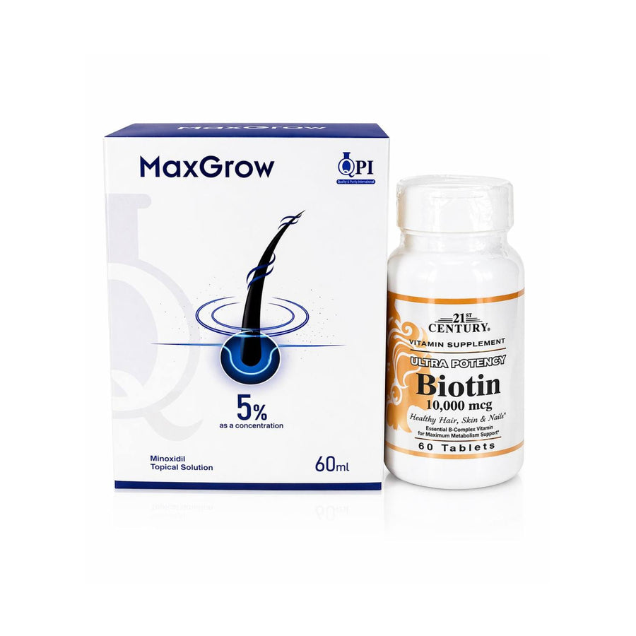 MaxGrow hair growth solution box and 21st Century Biotin supplement bottle on a white background