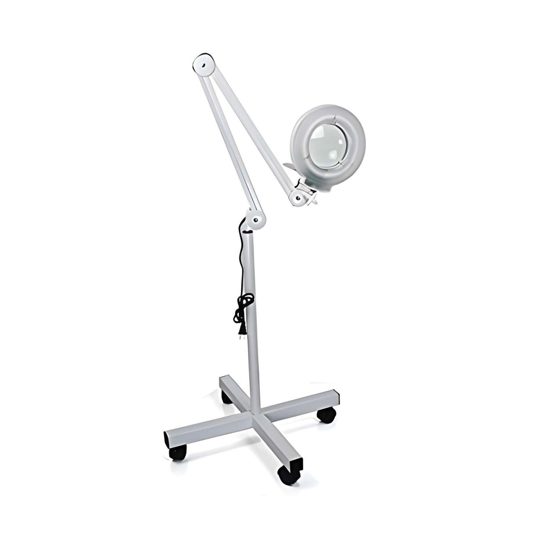Standing magnifying lamp with adjustable arm on a white background