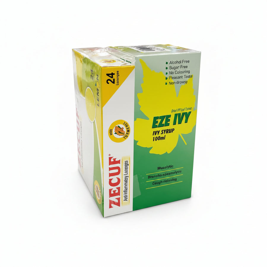 A box of Zecuf & Eze Ivy IVY Syrup 100ml combo , featuring a green and yellow leaf design with product details and benefits printed on the front and side panels.