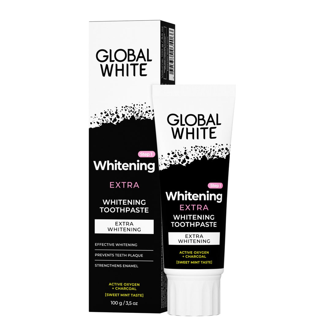 Global White Whitening Extra Toothpaste packaging on a white background