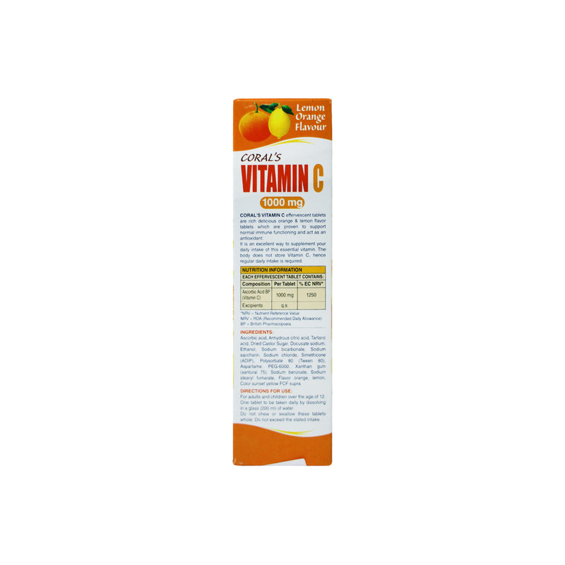 Coral Vitamin C 1000mg Efferevescent Tablets 20 Tablets, Lemon Orange Flavour