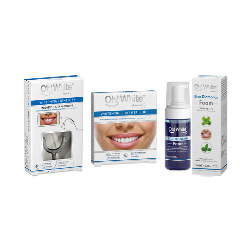 Oh! White Combo Pack Offer (Oh White! Blue Diamonds Foam, Oh! White Intensive Tooth Whitening Light Kit+, Oh! White Whitening Light Refill Kit+)